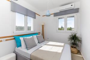 Néa SílataNewly Built All Season Resort的一间卧室设有一张床和两个窗户。