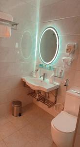 麦地那Taj Al Eiman Hotel的一间带水槽、镜子和卫生间的浴室