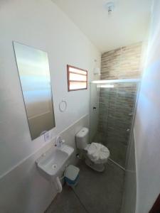 佩德拉斯港Pousada Ventos e Velas的一间带水槽、卫生间和镜子的浴室