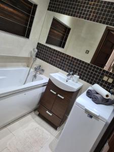 卡尔帕奇Apartament u Maryśki的一间带水槽、浴缸和卫生间的浴室