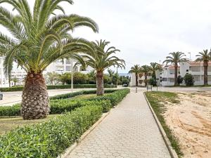 珀彻斯O Cantinho do Algarve的公园里种有棕榈树的走道