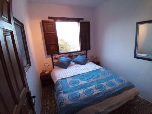 希梅纳德拉夫龙特拉Unique Village House的一间卧室配有一张带蓝色枕头的床和一扇窗户。