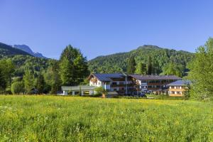贝希特斯加登Alpenhotel Weiherbach Berchtesgaden Hallenbad und Sauna的山地草场中的房屋