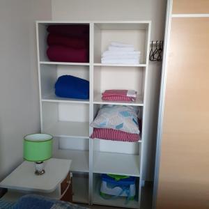 罗萨里奥Departamento Alem 2 en exclusivo Barrio Martin的衣柜配有白色书架、毛巾和桌子