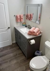 安克雷奇Anchorage midtown apartment-Wyoming 2的一间带水槽、卫生间和镜子的浴室