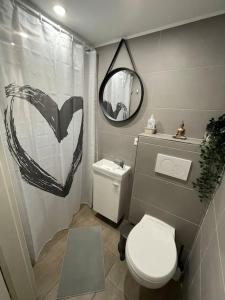 迪弗当日Studio situé aux abords de la forêt avec parking的一间带卫生间和镜子的小浴室