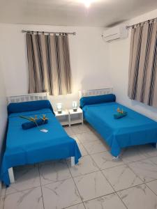 莱特鲁瓦西莱Maison Indép, Spa, Mer, Jardin, Bien-être的配有蓝色床单的客房内的两张床