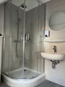 布鲁塞尔Au Marolles chambre Atomium的带淋浴和盥洗盆的浴室