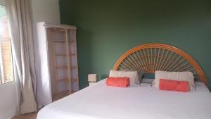 La RivièreVilla mimosa的一间卧室配有一张带红色枕头的大床