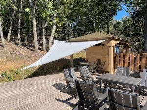 郡上市North Villge Hirugano - Vacation STAY 21286v的木甲板上设有野餐桌和凉亭
