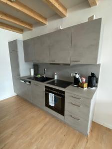 GoldkronachLoft 53的厨房配有不锈钢用具,铺有木地板