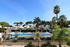 维拉摩拉Apartamentos Honorio - Pool and Garden的享有带游泳池和棕榈树的度假村的景致