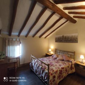 塞特尼尔La Casa De La Abuela的一间带一张床的卧室,位于带木制天花板的房间内