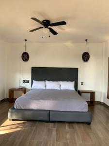 翡翠海岸Mar De Estrellas - Hotel的一间卧室配有一张带吊扇的床