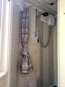 斯旺西The Shed . A cosy, peaceful, 96% recycled, chalet.的淋浴间设有挂在门上的淋浴帘