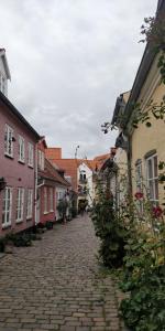 奥尔堡Apartment in the heart of Aalborg的一座有建筑的小镇上一条鹅卵石街道