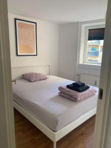 奥尔堡Apartment in the heart of Aalborg的卧室内的一张带两个枕头的床