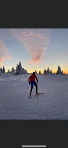 贝尔蒙特gîte de montagne au pied du Champ du Feu (Alsace)的日落时分在雪地里滑雪的人