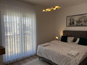 普里什蒂纳Blini Exclusive的一间卧室设有一张床和一个大窗户