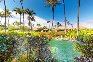 利胡埃Kauai Beach Resort #3124的棕榈树和水池的度假村