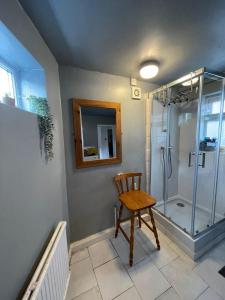 利物浦Room in family home near Penny Lane Liverpool的带淋浴的浴室和木椅