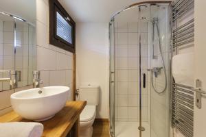 夏蒙尼-勃朗峰Petit Chalet du Mont Blanc - Happy Rentals的一间带水槽和玻璃淋浴的浴室