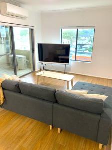 悉尼Lovely 2 bedroom apartment with city views的带沙发和平面电视的客厅