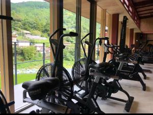 OtoyochoCrossFit Otoyo Strength TINY HOUSE的健身房,有几辆自行车停在窗户旁