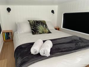 South BrunyAdina Tiny House Bruny Island的一间卧室配有一张床,上面有两条毛巾