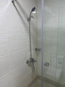 卡尔希TASHRIF HOTEL的浴室里设有玻璃门淋浴