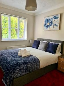 梅德斯通Delight Marvel- Beech Hurst-3 bedroom house的一间卧室配有一张带蓝色枕头的大床
