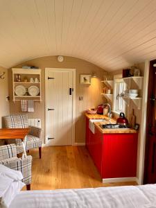 MountnugentSheelin Shepherds Hut 2 with Hot Tub的一间厨房,配有红色橱柜和红色台面