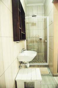 斯瓦科普蒙德LA CASETTA BED & BREAKFAST的一间带水槽和玻璃淋浴的浴室
