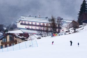 布伦托尼科波尔萨酒店的一群人沿着雪覆盖的斜坡滑雪