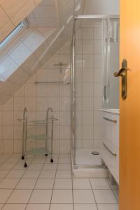 NeuhausMeereslust OG 3R的带淋浴的浴室和瓷砖地板。