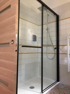 BizanetLe Nid des Corbières的浴室里设有玻璃门淋浴