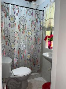 圣安德烈斯特里桑坎姆佩斯特旅馆的浴室配有带卫生间的淋浴帘