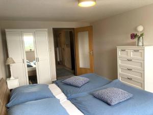 阿尔特纳SauerlandBlick的一间卧室配有两张带蓝色床单的床和梳妆台。