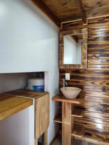 蒙特卡洛Tiny House Nativa的浴室设有木墙、水槽和镜子