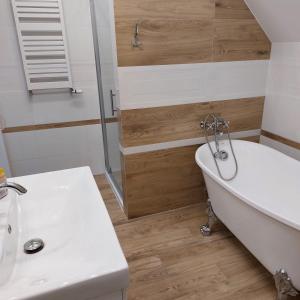 比亚沃维耶扎Apartamenty Pod Magnolią的浴室配有白色浴缸和水槽