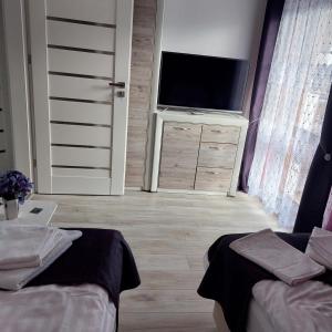 比亚沃维耶扎Apartamenty Pod Magnolią的客厅配有平面电视和两张床。
