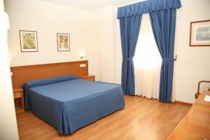 阿尔科斯-德拉弗龙特拉佩尼亚德阿科斯酒店的一间卧室设有蓝色的床和窗户。