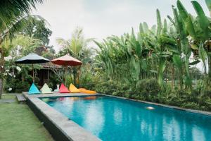 乌布Nauna Villa Ubud的游泳池配有五颜六色的椅子和遮阳伞