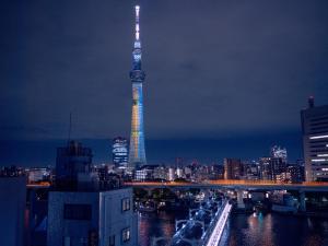 东京MIMARU SUITES Tokyo ASAKUSA的享有夜间亮起的东京塔的景色