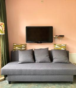 鹿特丹B&B Berglust的墙上的沙发上配有平面电视