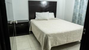马德罗城Hotel Tampico Express的一间卧室配有一张带黑色床头板的床