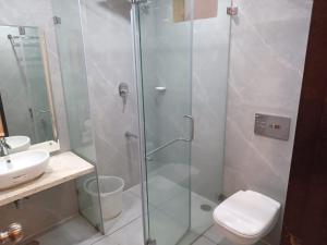 蒂鲁帕蒂Hotel Woodside Prestige的带淋浴、卫生间和盥洗盆的浴室