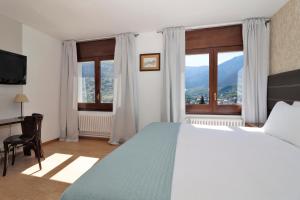 维耶拉Hotel Blu Aran的卧室配有一张床、一张书桌和窗户。