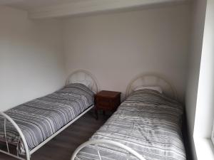 BrouckerqueLA CLEF DES CHAMPS GITE PERRINE的带床头柜的客房内的两张单人床