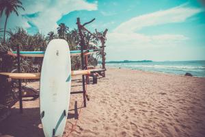 Paiyagala SouthInfinity of Sri Lanka的冲浪板位于海滩上
